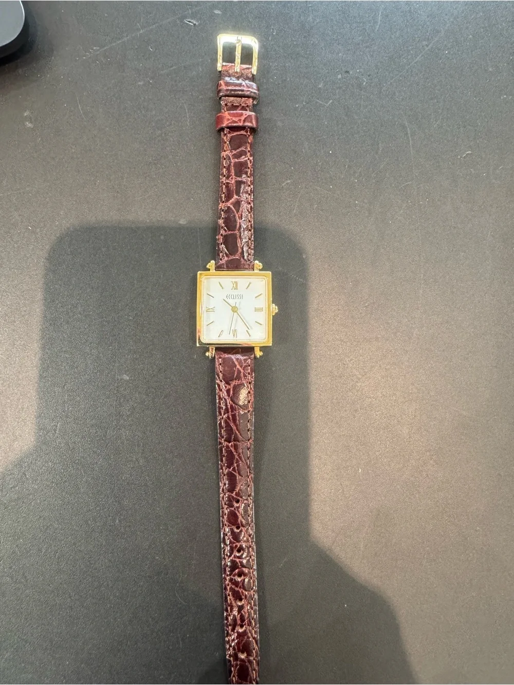 Ecclissi Gold Tone Square Watch with White Roman Dial & Brown Croc Leather Strap